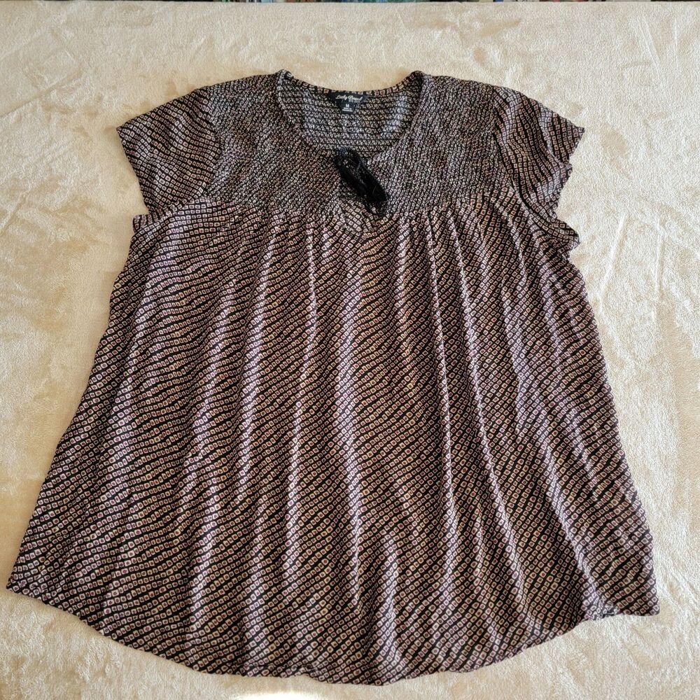 Lucky Brand Women Top Med Blouse Tan/Brown Boho Tasseled Cap Sleeve Pullover
